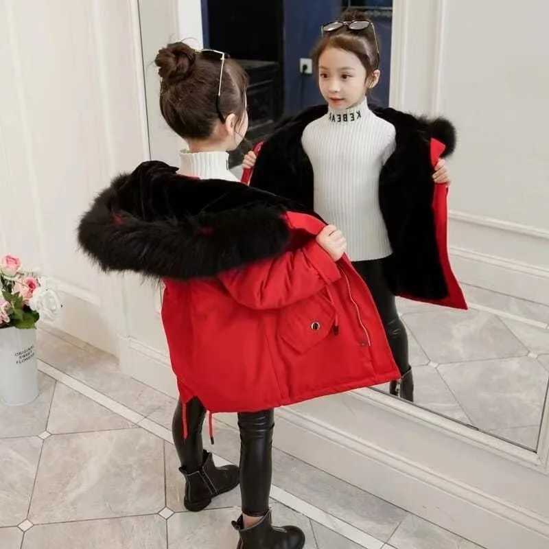 New winter cotton coat for girls aged 4-12 childrens large fur collar medium length cotton jacket X241115