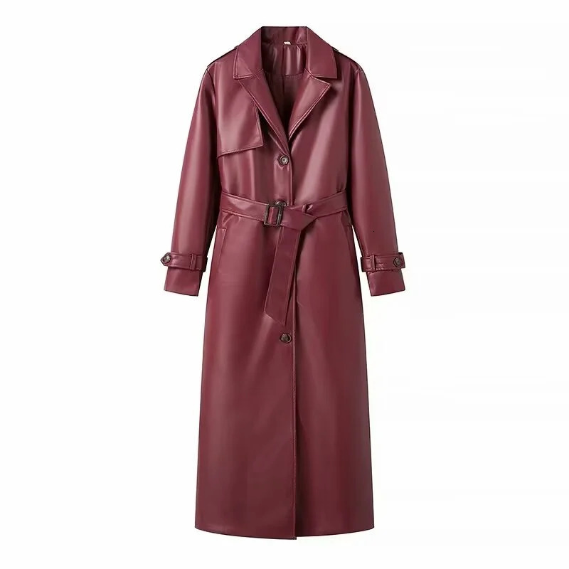 YUEYANG Women Autumn Fashion Wine Red Long Leather Jacket With Bekt Female Buttons Pockets Lapel Coat Outerwear 241115