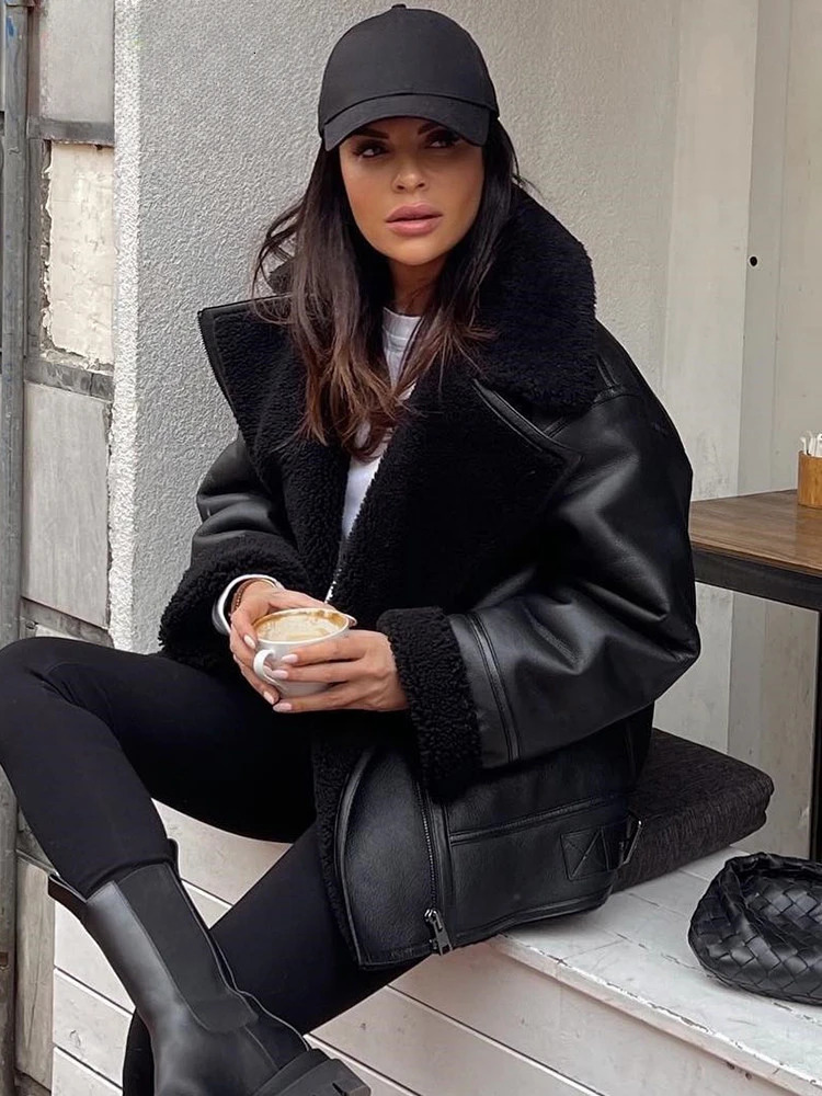 Autumn Winter Women Warm Black Zipper Faux Leather Jacket Coat Loose Turn Down Collar Thickness Overcoat Female Outwear 241115