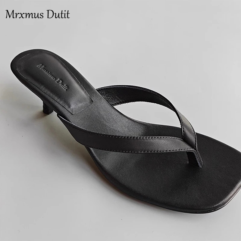 Mrxmus Dutit 2024 Summer Fashion Genuine Leather Square Head Flip Flops Women Simple Casual Mid Heel Shoes Female Chic 241115