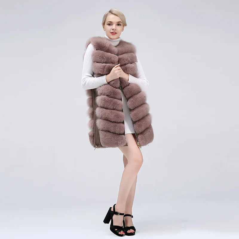 Natural Womens Fur Coat Vest Zipper Long Winter Warm True Jacket 241115