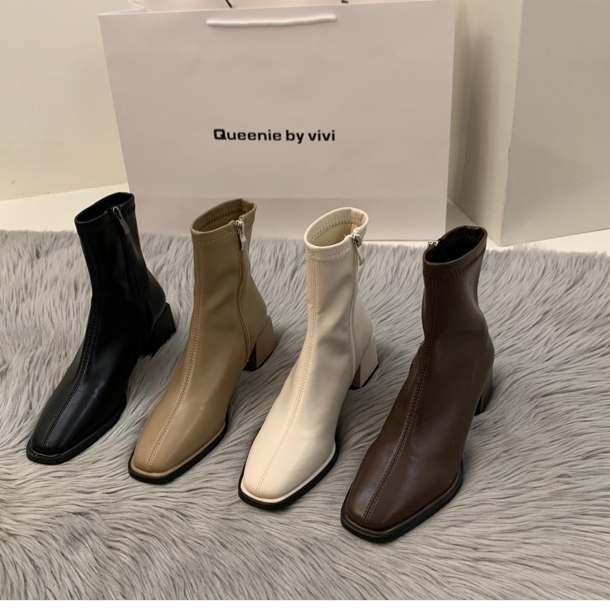 French Velvet New White Square Toe Short Boots.