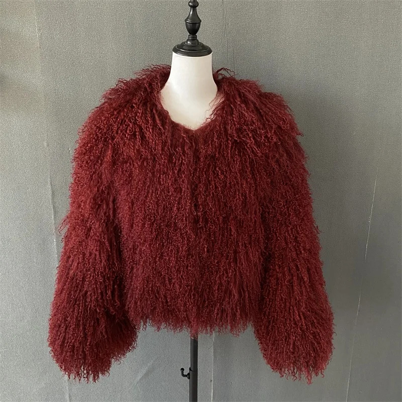 Pattern Plus Size Dark Brown color Mongolia Sheep Fur Jacket Women Real Female Winter Warm Outerwear 241115