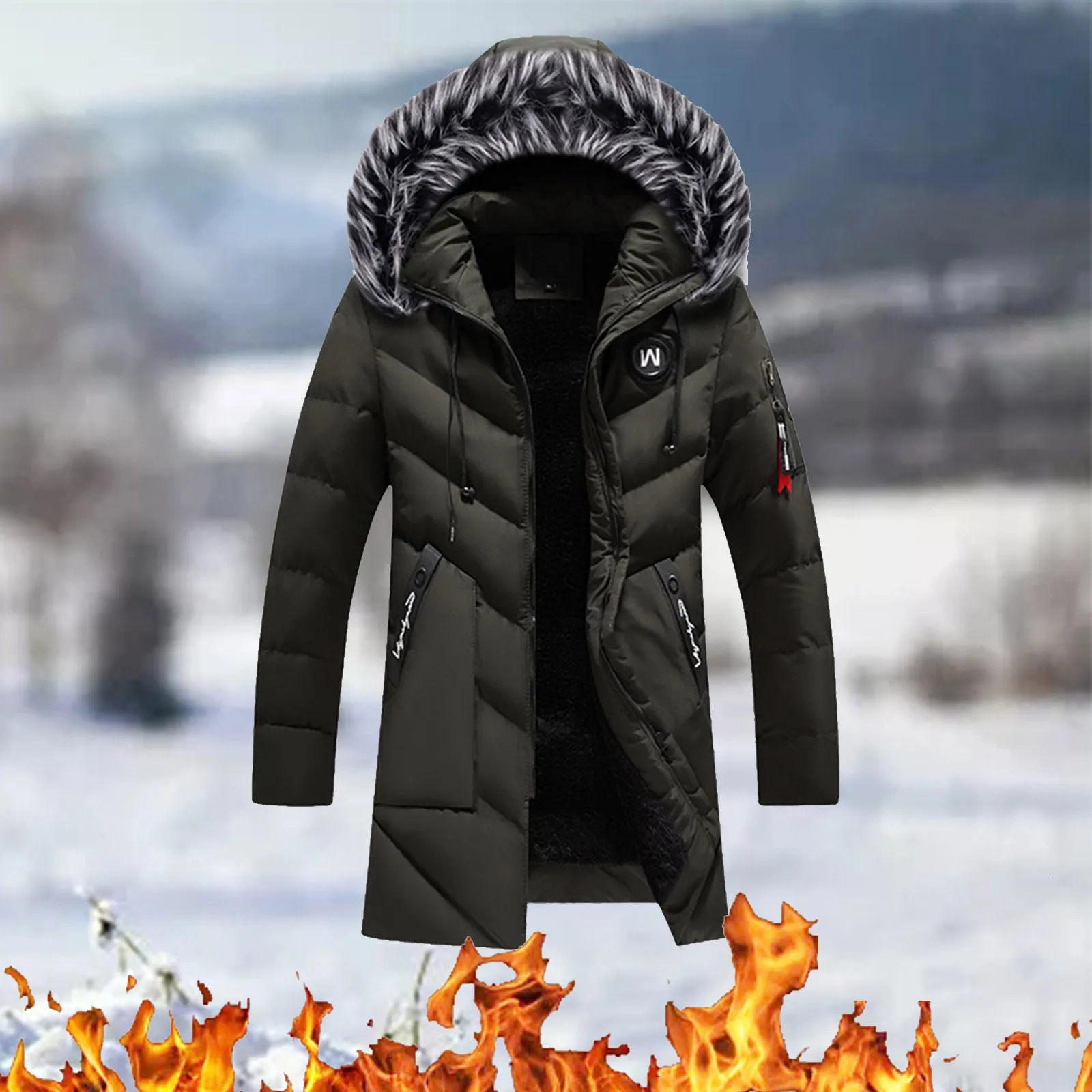Mens Windbreaker Thick Fleece Winter Jacket Fashion Fur Hooded Warm Parka Male Solid Outwear Coats Plus Size 241115