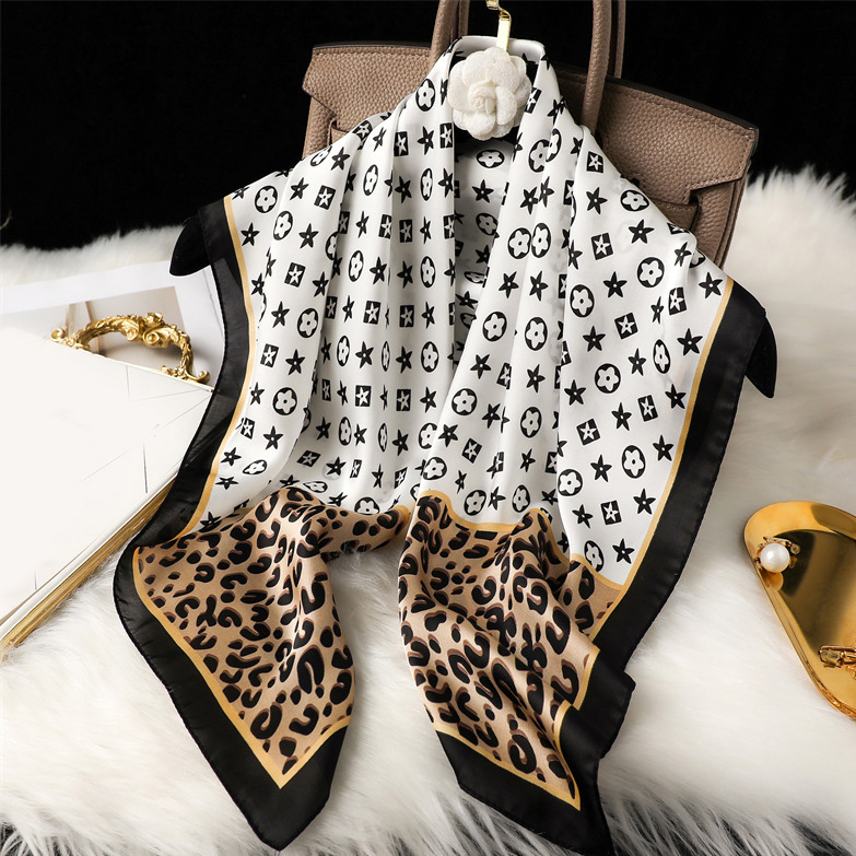 Simple Presbyopia Print imitate Silk Scarf Headband for Women Fashion Black White Flower Long Handle Bag Scarves Paris Shoulder Tote Luggage Ribbon Head Wraps