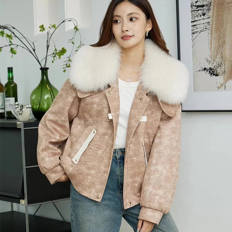 2024 Winter Puffer Jacket Women leisure time Warm Short Parkas Real Natural Fur collar Suede fabric90 White Duck Down Coat 241115
