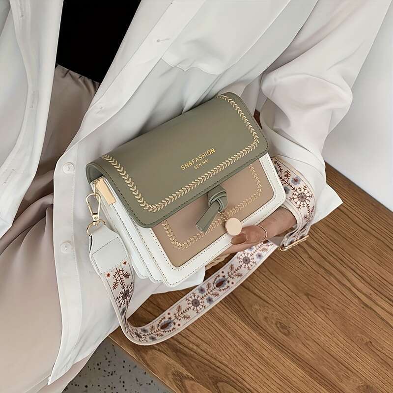 Wide Strap Fashion Flap Shoulder Bag, Women's Crossbody Purse with Buckle Decor