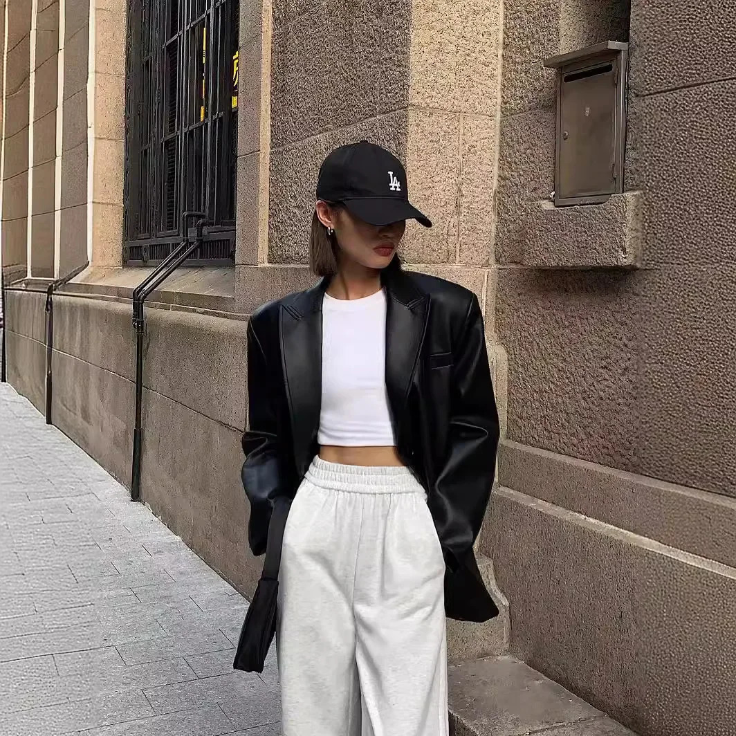 Ladies Fashion Black PU Leather Suit Jacket Spring and Autumn Highgrade Texture Solid Color Loose Small Woman 241115