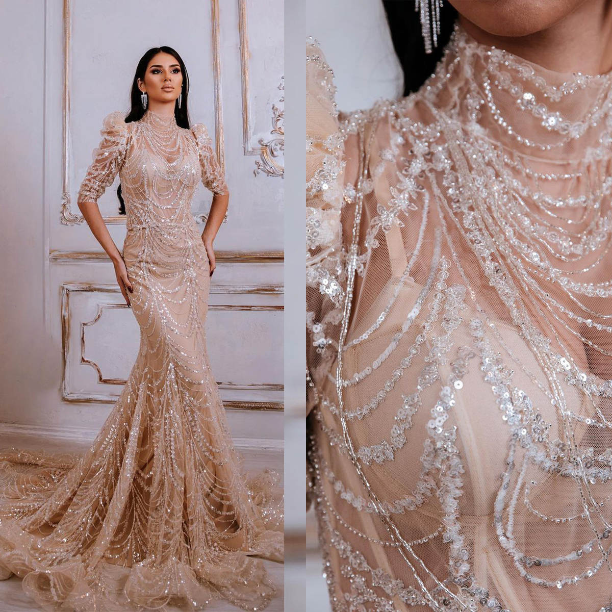 Sexy Mermaid Wedding Dresses For Women High Collar Half Sleeves Bridal Gown Sequins See Through Sweep Train Customized Dress vestidos de novia