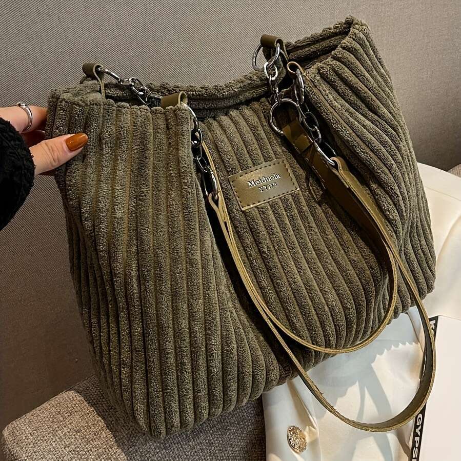 Large Capacity Corduroy Shoulder Bag for Women, Solid Color Tote with Fixed Straps, Zipper Closure, Simple Versatile Design, Casual Sexy TV Show Theme