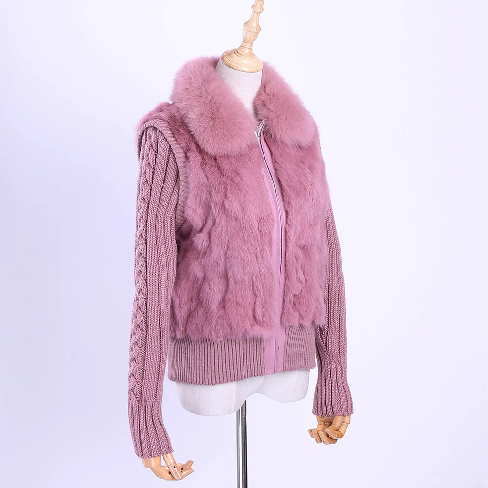 Womens Genuine Real Rabbit Fur Fox Collar Knitting Sleeve Winter Coat Jacket Casual Short Outwear Slim 241115