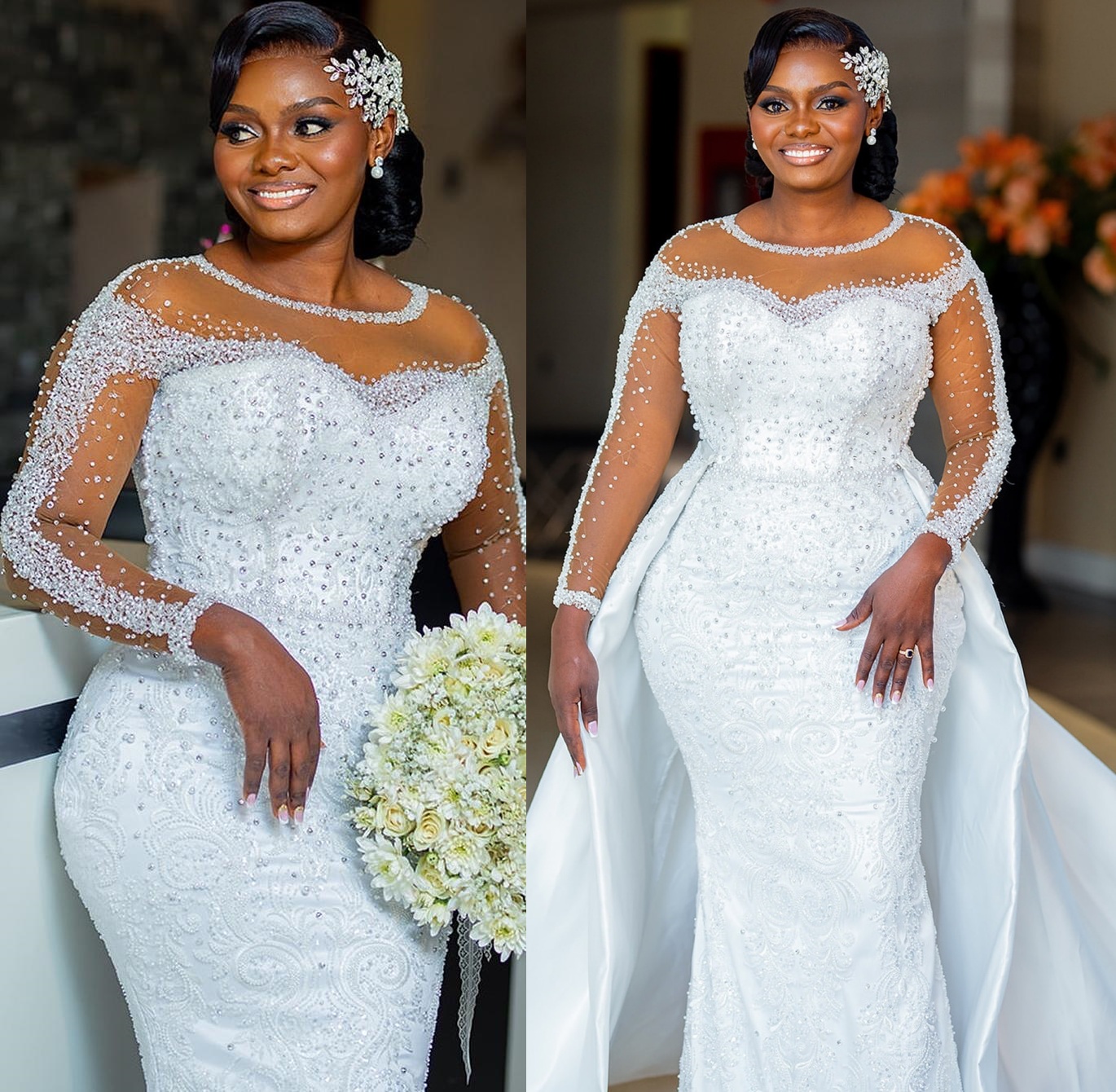 2024 Arabic Aso Ebi Plus Size Off White Bride Dresses Pearls Beaded Satin Detachable Train Lace Full Sleeves Vintage Bridal Gowns Dress For Bride