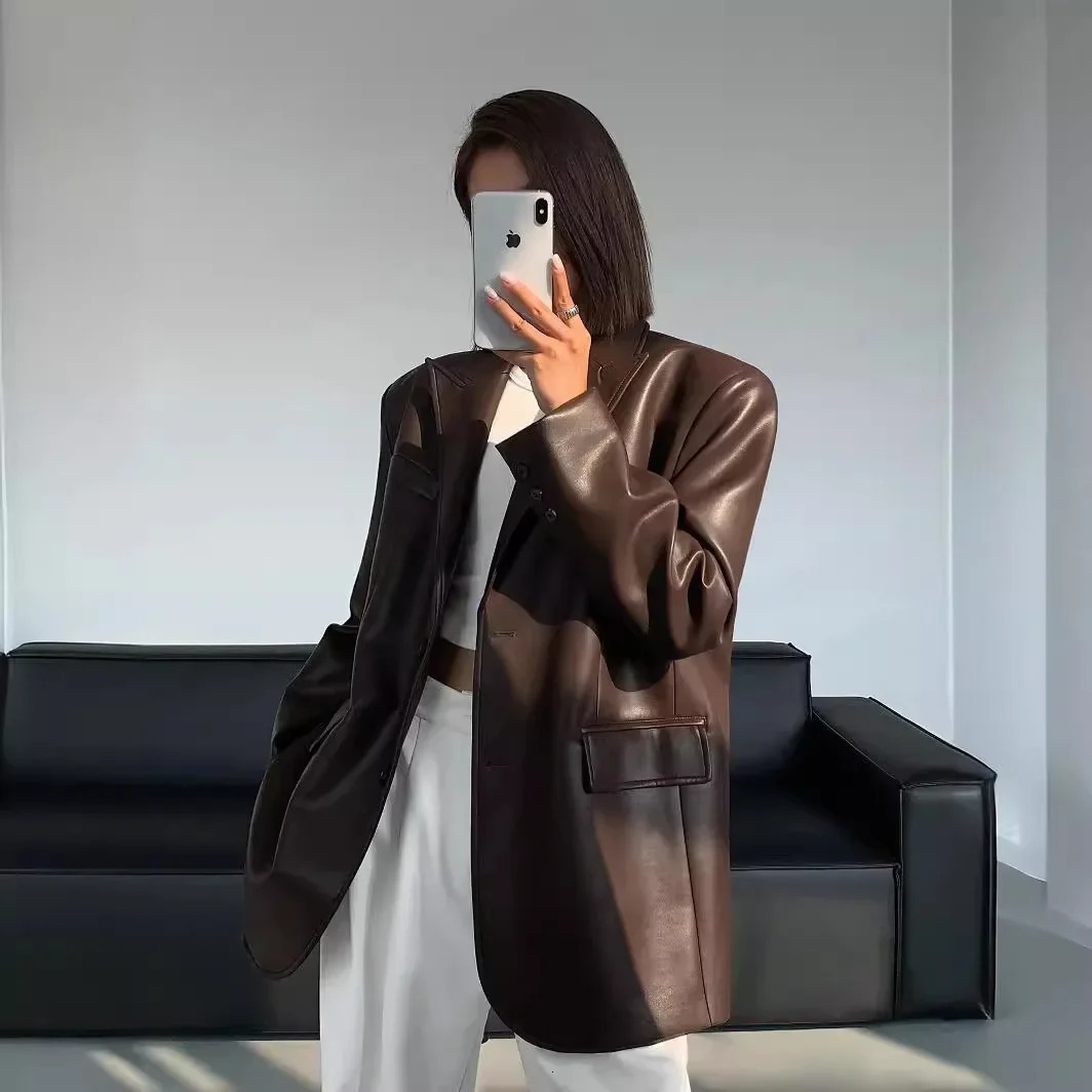 Ladies Fashion Black PU Leather Suit Jacket Spring and Autumn Highgrade Texture Solid Color Loose Small Woman 241115