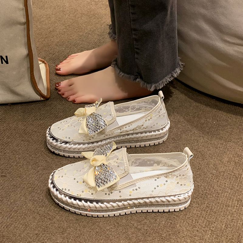 2024 Summer New Women's Sandals Thick Bottom Soft Hollow Mesh Flat Shoes Water Diamond Bow Breathable Sports Shoes Luxury Shining Casual Shoes De