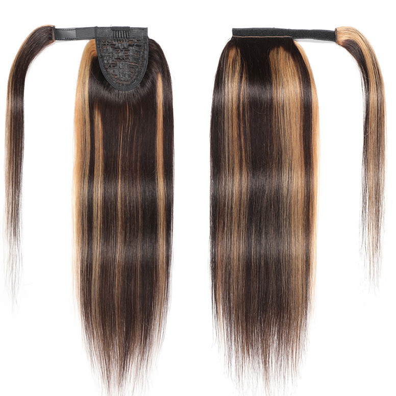 Peruvian Human Hair Silky Straight Hook& Loop Magic Ponytail 10-26inch Natural Color 2# 4# P4/27 Piano Color