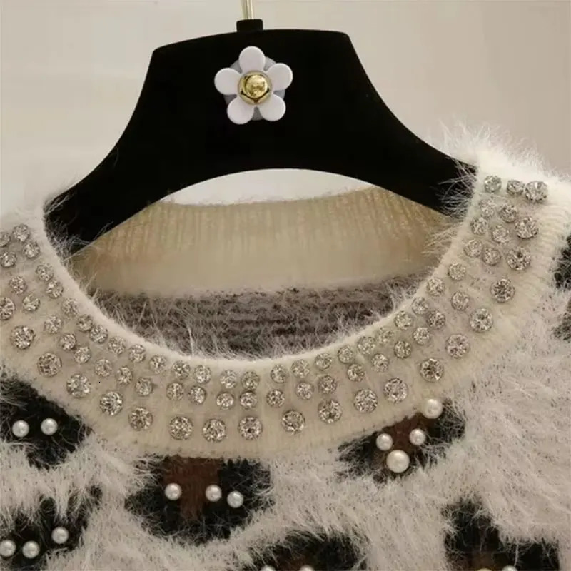 Leopard Pearls Retro mink Knitted O-Neck Long Sleeve Floral Womens Sweater Top Womens Fashion 241115