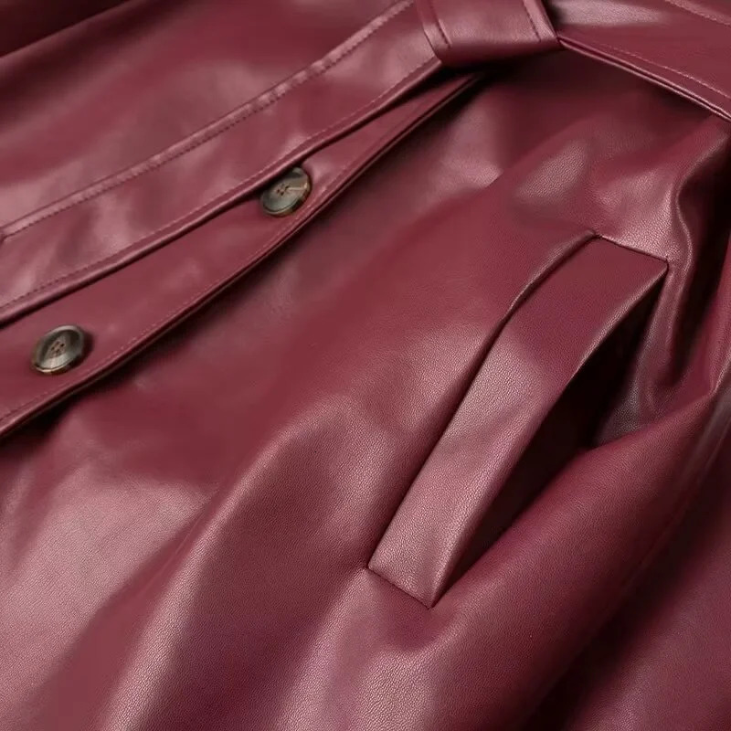 YUEYANG Women Autumn Fashion Wine Red Long Leather Jacket With Bekt Female Buttons Pockets Lapel Coat Outerwear 241115