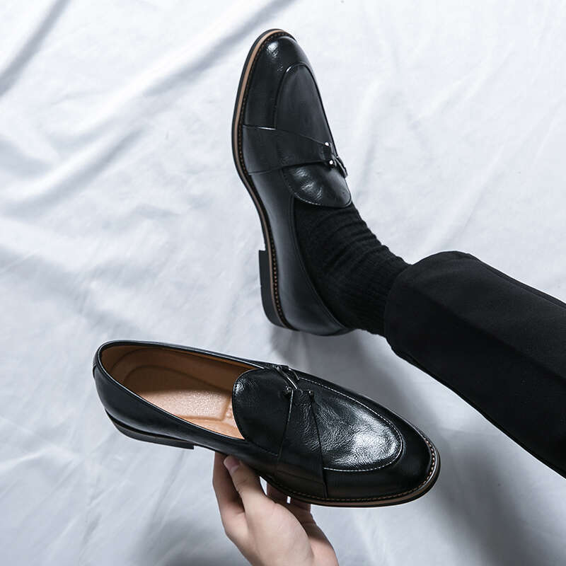 Black Loafers for Men Fashion Stone Pattern Formal Monk Business Handmade Leather Men's Social Driving Shoes