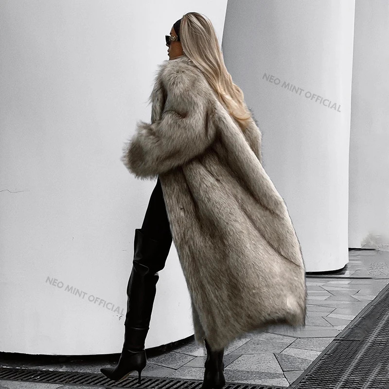 Neo Mint Mob Wife Aesthetic Long Faux Fur Coat Women Winter 2024 Fluffy Gradient Fox Fur Jacket Female Furry Overcoat 241115