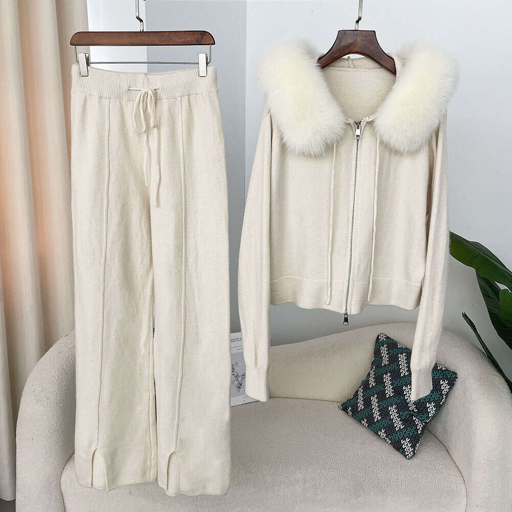 Knitwear Trousers Hooded Jacket 2024 Autumn And Winter Fashionable Sweater Suit Women Detachable Fox Collar Fur Coat