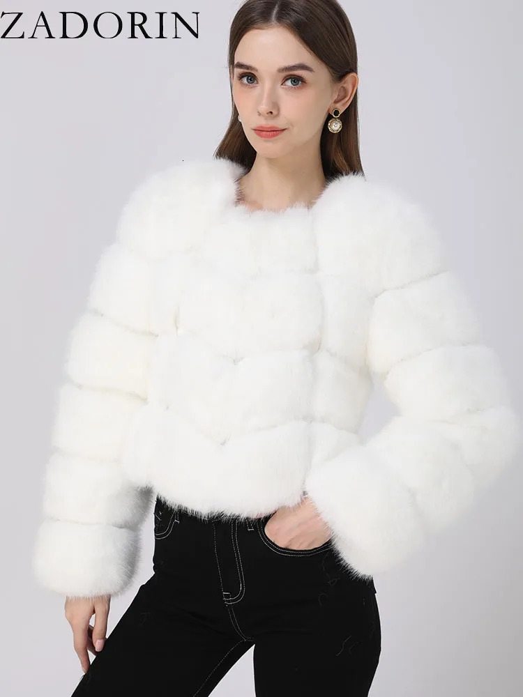 ZADORIN Faux Fur Coats Cropped Top For Women Jacket Winter 2024 Coat Fluffy White Tops 241115