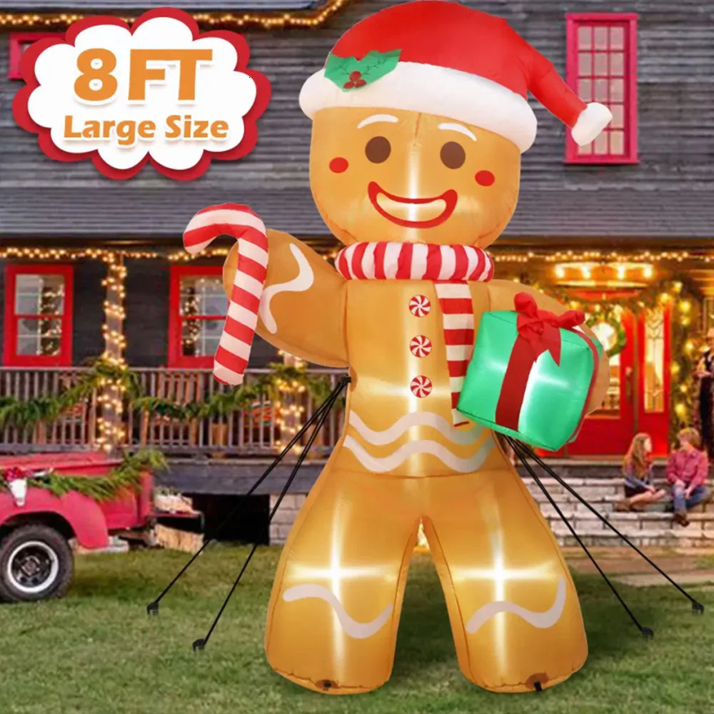 8FT/2.4M Christmas Inflatable Gingerbread Man with Gift Pack Outdoor Decoration Christmas Courtyard Decoration LED Lawn Light 241114bj