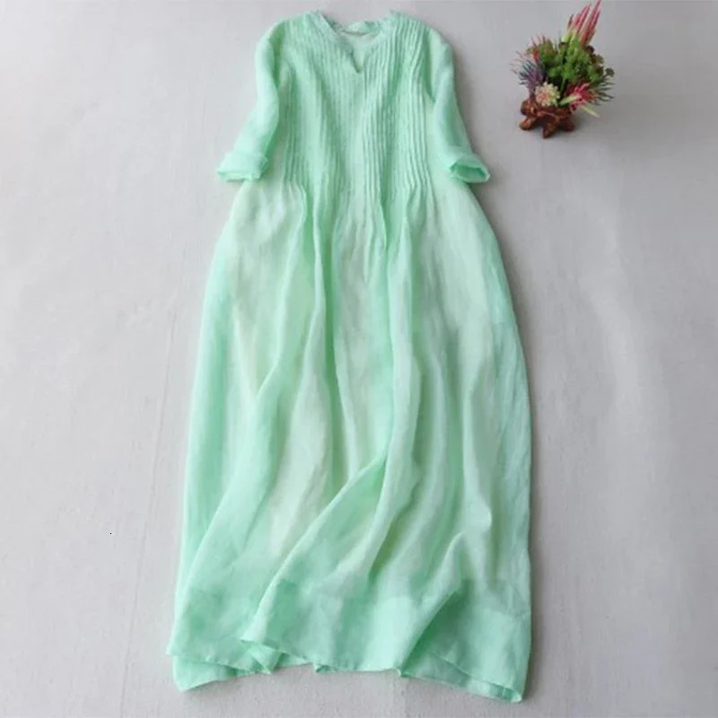Summer Autumn Stand Collar Cotton Linen Folds Robe Female 34 Sleeve Loose Casual Fashion Vestidos Womens Solid Color Dress 240415