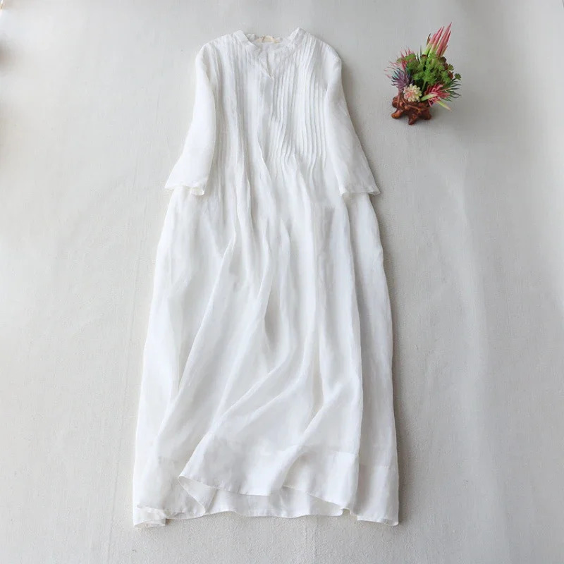 Summer Autumn Stand Collar Cotton Linen Folds Robe Female 34 Sleeve Loose Casual Fashion Vestidos Womens Solid Color Dress 240415