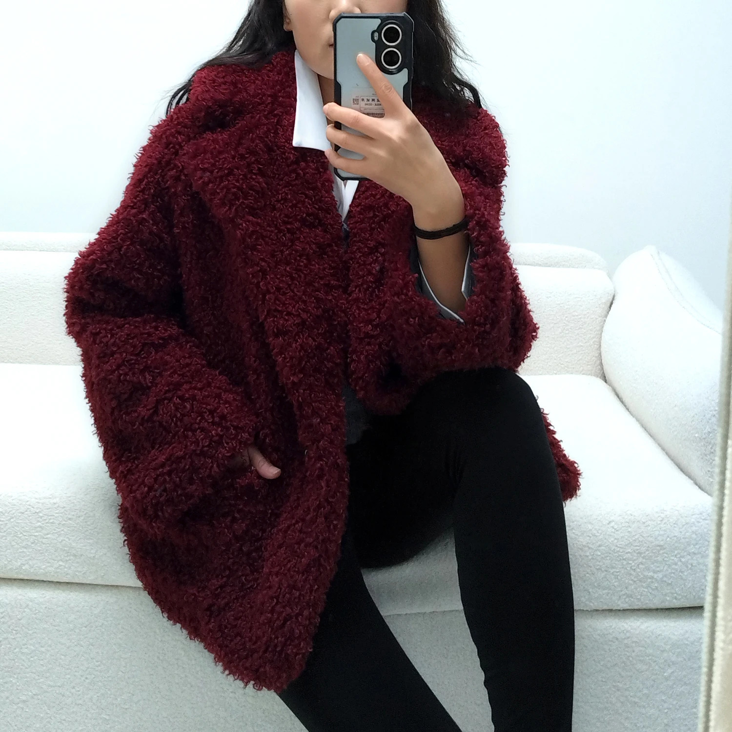 Womens Burgundy Fluffy Faux Lamb Curly Fur Jacket Furry Coat Winter 2025 241115