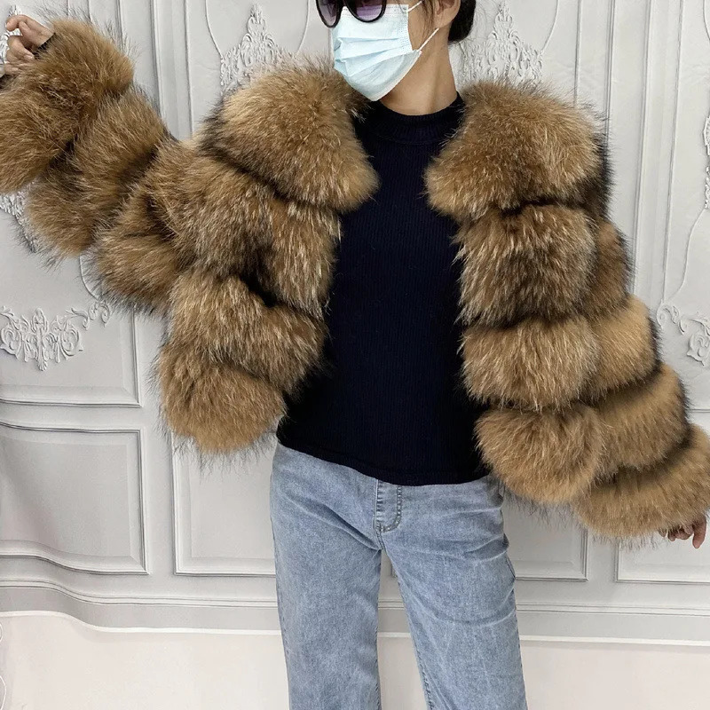 Real Natural Raccoon Jacket Womens Fashion Coats Real Fur Coat Round Neck Warm Thick Hoodie Detachable Style 241115