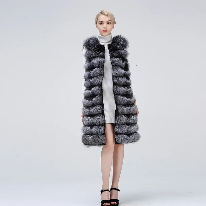 100 Genuine Winter Long Real Silver Fur Stripes Vest Collar Sleeveless Coat Clothing Women Extended 241115