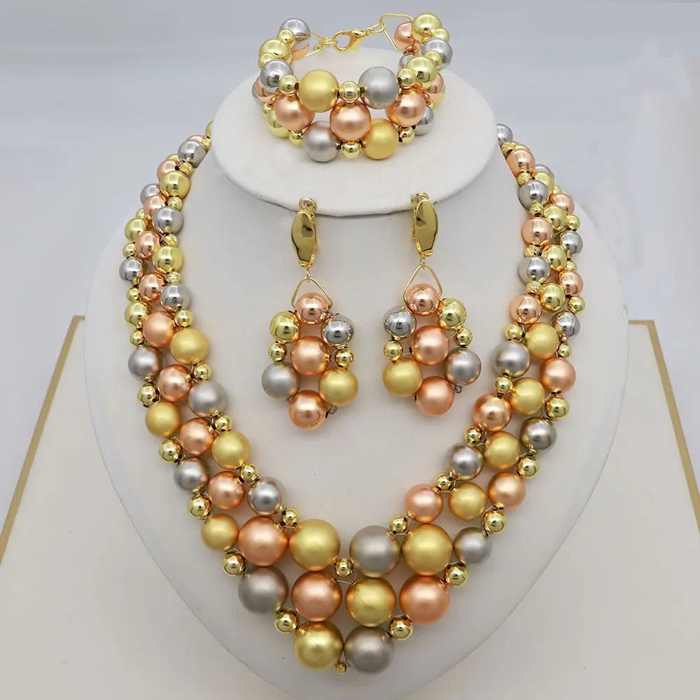 Fashion Brazilian Gold Plated Jewelry Set Bead Necklace Ring Wedding Banquet Large Leaf Pendant Jewelry 241115