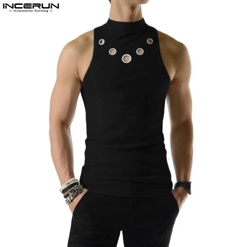INCERUN Fashion Men Tank Tops Hollow Out Solid Turtleneck Sleeveless Male Vests Streetwear Summer Casual Clothing S5XL 240415