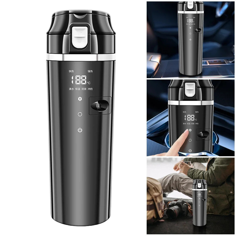 12V24V Car Heating Cup Digital LCD Display Electric Kettle Stainless Steel Heated Smart Mug 500ML Coffee Milk 241115