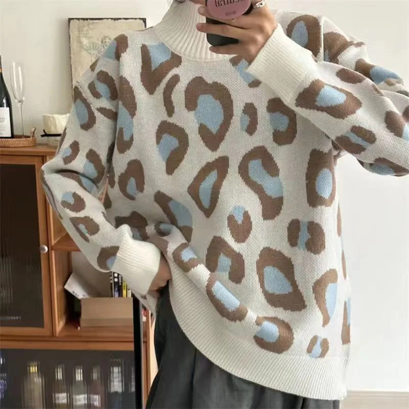 autumn and winter fashion trend French leopard print semi high neck loose fit slimming womens long sleeved sweater 241115