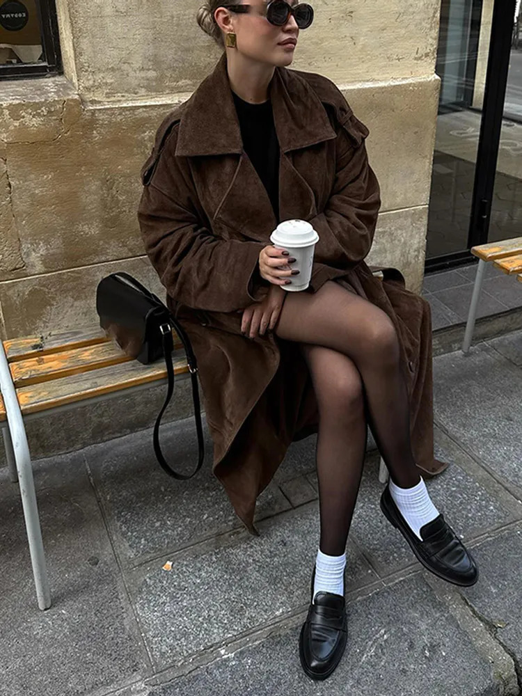 Fashion Brown Lapel Single Breasted Suede Leather Jackets For Women Chic Oversized Pockets Cropped Overcoat Lady Streetwear 241114