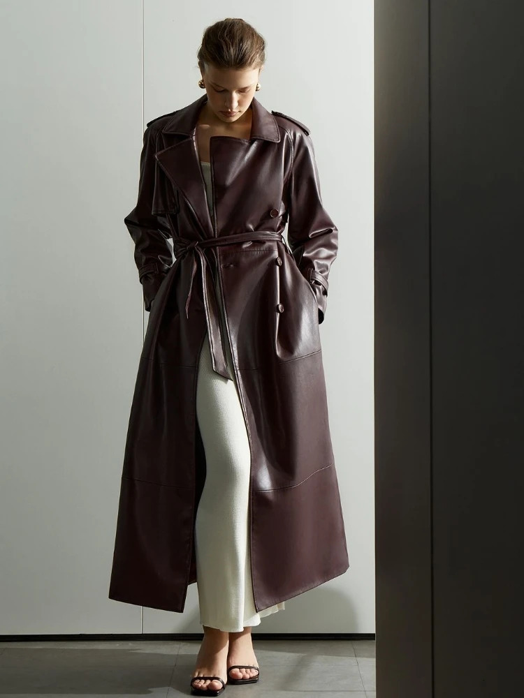 Autumn Winter Burgundy Lace Up Matte Leather Jackets Women Fashion Lapel Button Full Sleeve Long Coats 2024 Street Outerwear 241114
