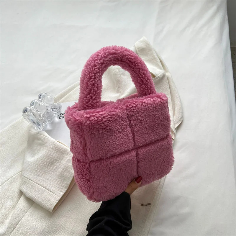 Square Bag Wool Bag Autumn/Winter Girl Fashion Retro Plush Bag Handbag Women Convenient Travel Bag White/Purple/Pink 241114