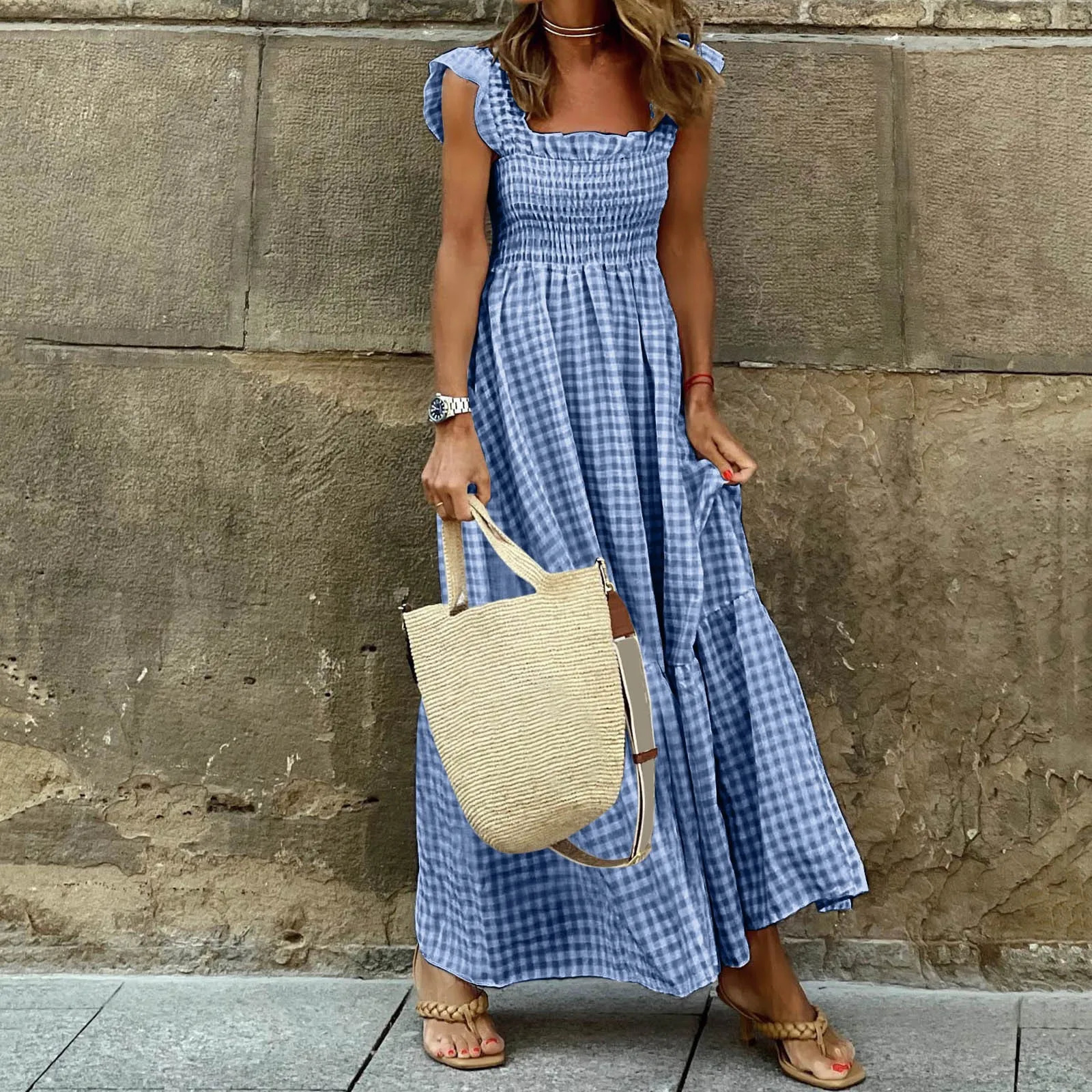 LadieS Dress Summer Sleeveless Crew V Neck Smocked Flowy Tiered A Line Midi Dresses With High Waist Woman Clothing 240419