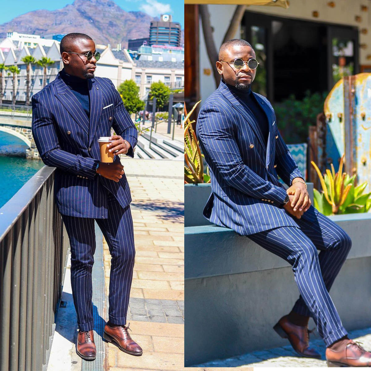 Handsome Stripe Men Two Pieces Sets Pants Coat Peaked Lapel Wedding Tuxedos Double Breasted Business Formal Groom Wear Custom Made