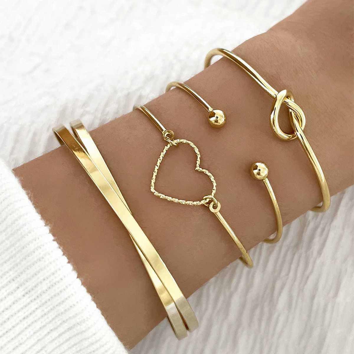 4Pcs/Set Tren Geometry Charm Open Bracelets for Women Fashion Alloy Heart Knot Cuff Bangle Bracelet Jewelry GiftsXJ250117