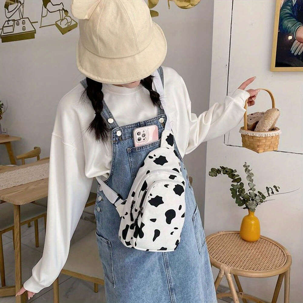 Chic Cow Print Canvas Sg Bag - Cute Cartoon Crossbody Chest Pack Women, Perfect for Outdoor Sports & Travel