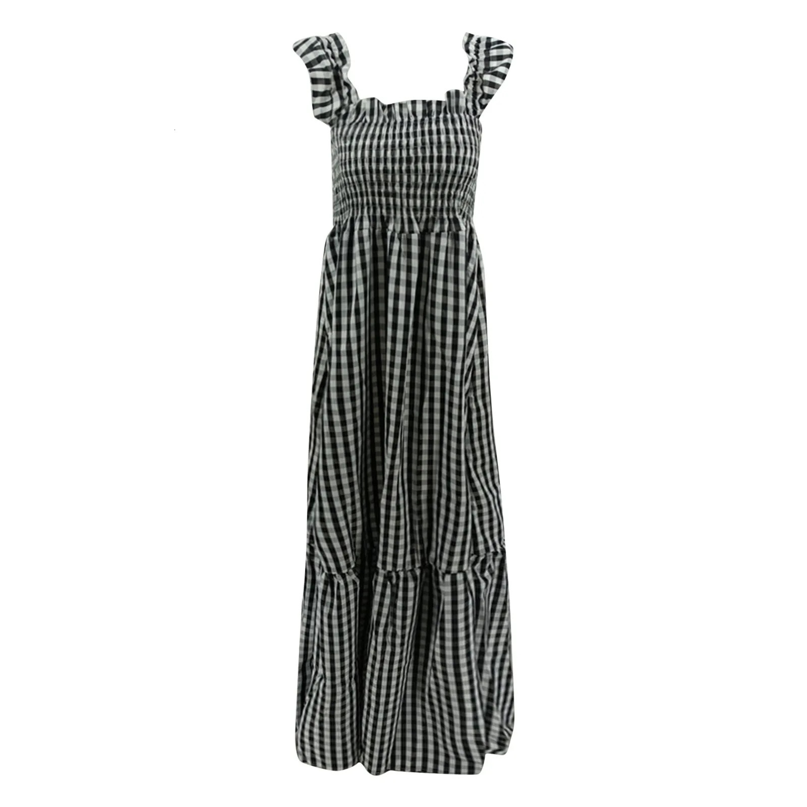 LadieS Dress Summer Sleeveless Crew V Neck Smocked Flowy Tiered A Line Midi Dresses With High Waist Woman Clothing 240419