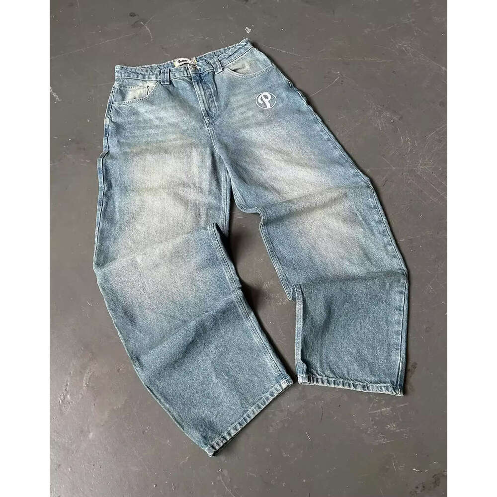 American Y2k New Fashion Trend Letter Embroidery Loose Men Street Hip Hop Retro Straight Wide-Leg Pants Couple Joker Jeans
