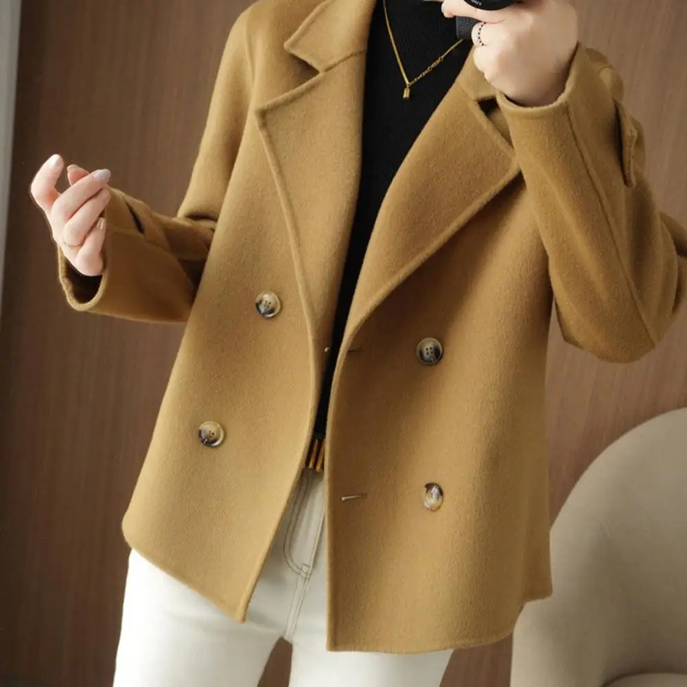 Fall Winter Women Woolen Coat Doublebreasted Lapel Long Sleeve Loose Thickened Warm Formal Business Style OL Commute Jacket 241108