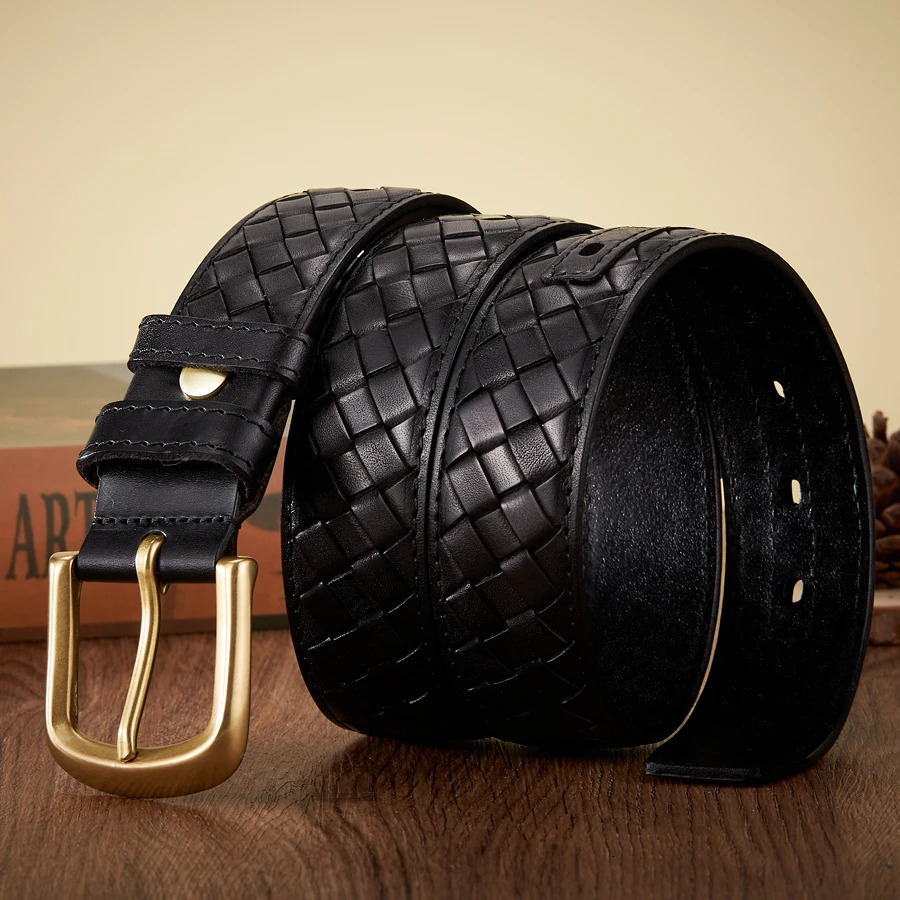 3.8cm copper buckle er denim leather mens real belt woven denim woven mens jeans belt 241115