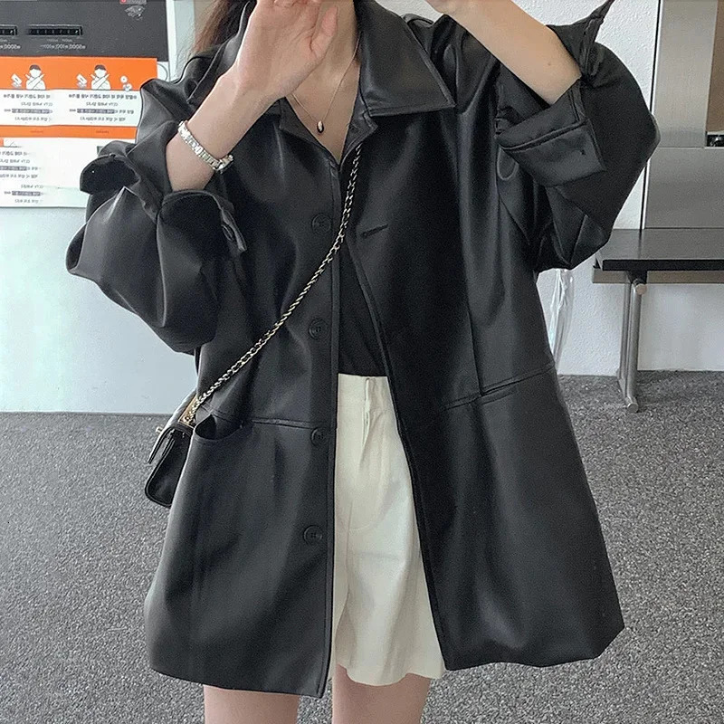 Korean Pu Leather Soft Black Jackets Long Sleeve Waterproof Coats Streetwear Retro Oversized Turn Down Collar Suits For Women 241115