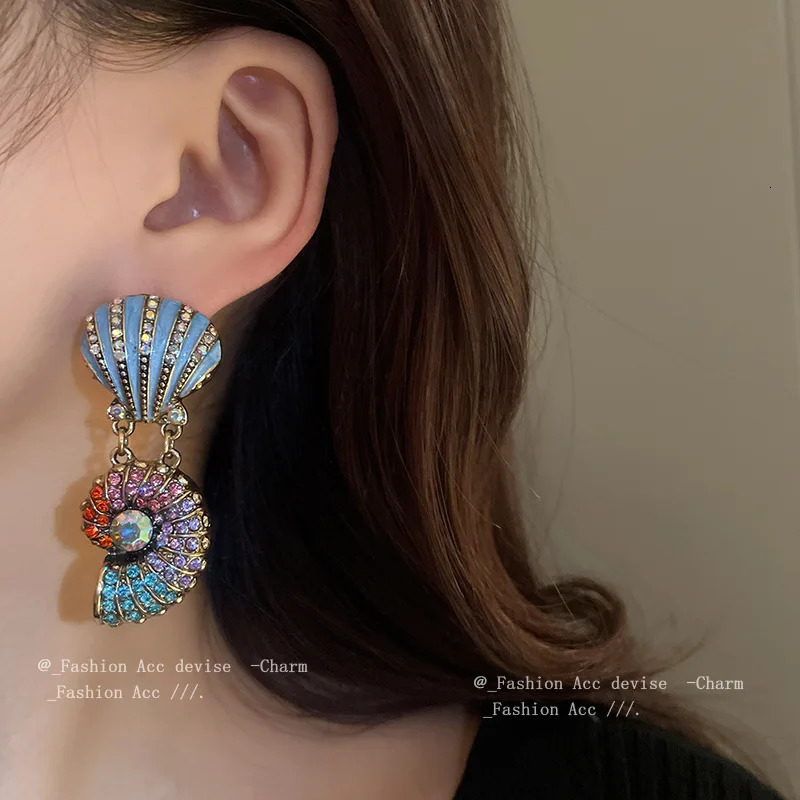 Crystal Pearl Conch Double layer Necklace Earrings Retro Sweater Chain Jewelry Wholesale Accessories 241115