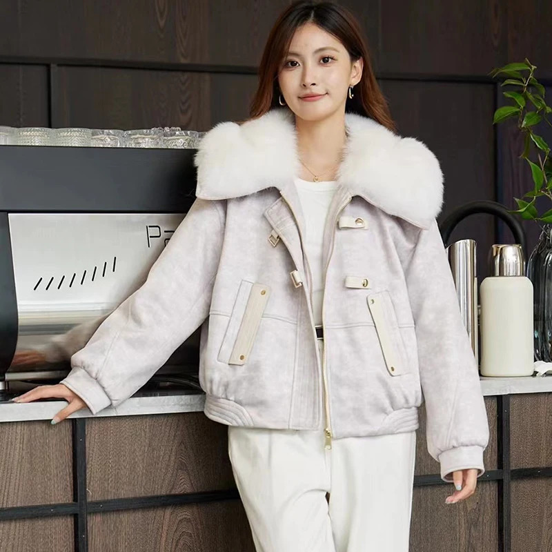 2024 Winter Puffer Jacket Women leisure time Warm Short Parkas Real Natural Fur collar Suede fabric90 White Duck Down Coat 241115