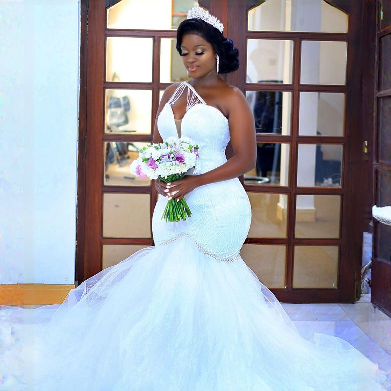 Arabic Mermaid Wedding Dresses One Shoulder Illusion Crystal Beads Sleeveless Bridal Gowns Plus Size Zipper Back